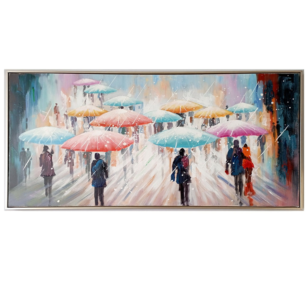 Framed Oil Painting - Brolly Parade Misty Blue - Fervor + Hue